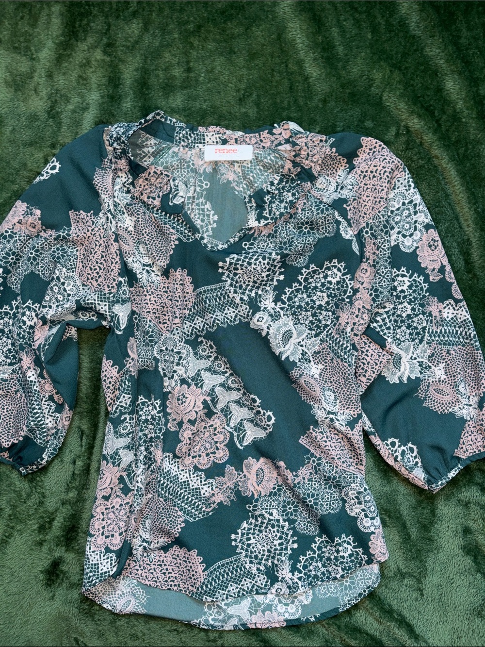 Renee C. Teal Blouse with Pink and White Lace Print